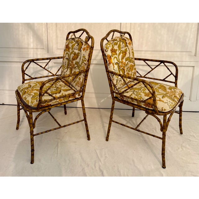 Pair of Mid-20th Century Faux Bamboo Metal Indoor/Outdoor Armchairs With Burnt Bamboo Tortoiseshell Finish For Sale - Image 15 of 16