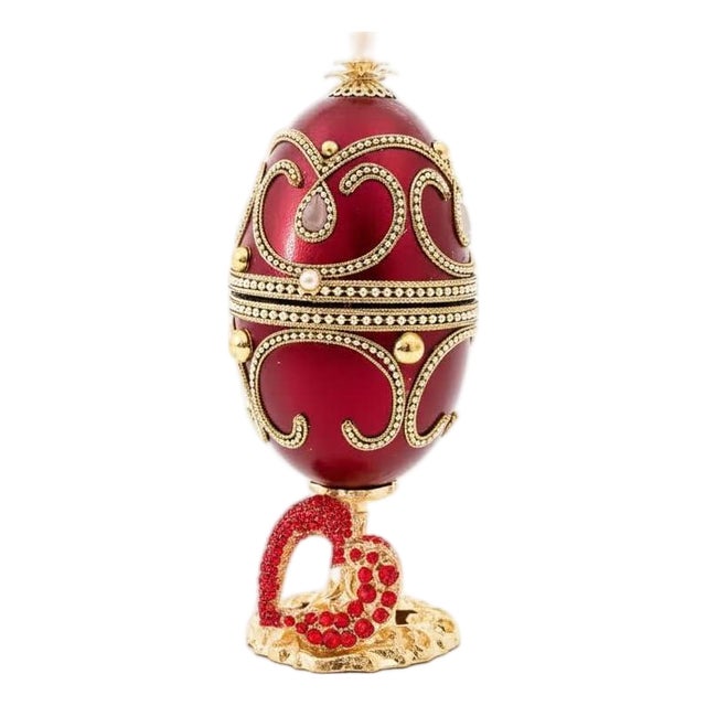 Pierre Lorren Natural Egg Hand Carved Faberge Egg Style Musical Trinket Austrian Crystal Ruby Pure Gold Deco Handmade 2012 Vintage Egg For Sale