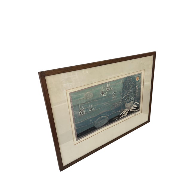 Original mid-century modern silkscreen print depicting a surreal nautical scene, circa 1950s. The composition features a...