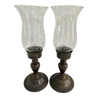 Vintage Bronze Finish Brass Candleholders With Etched Glass Globes - A Pair For Sale