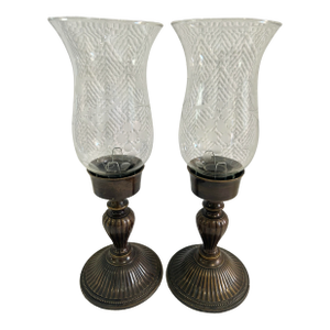 Vintage Bronze Finish Brass Candleholders With Etched Glass Globes - A Pair