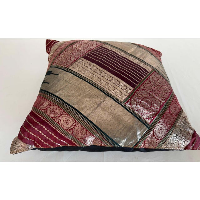 One-of-a-Kind Indian Silk Sari Brocade Throw Pillow with Metallic Zari Embroidery A vibrant decorative accent pillow...