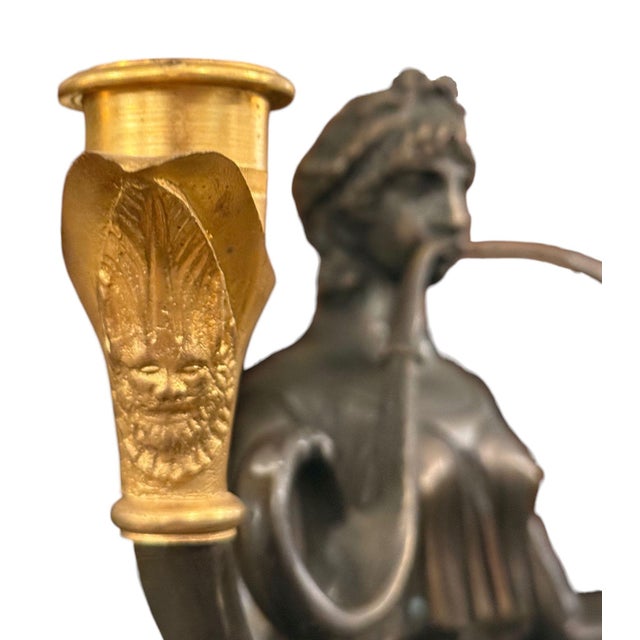 Bronze Pair of French 19th Century Empire Style Bronze, Ormolu & Marble Candelabras. For Sale - Image 8 of 11