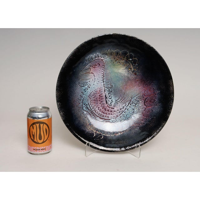 Large Vintage Enamel on Copper Sgraffito Peacock Decorative Plate by Arpad Rosti For Sale - Image 4 of 13