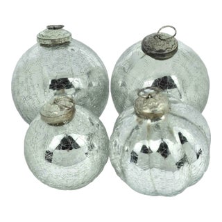 Mid 20th Century Silver Crackle Glass Christmas Ornaments - 4 Pieces For Sale