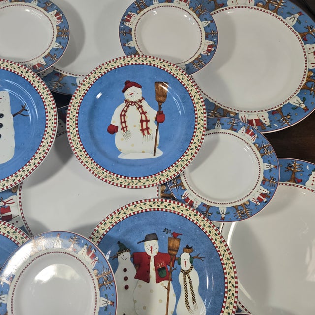 Blue Vintage Debbie Mumm Snowman Holiday China- Set of 20 For Sale - Image 8 of 18