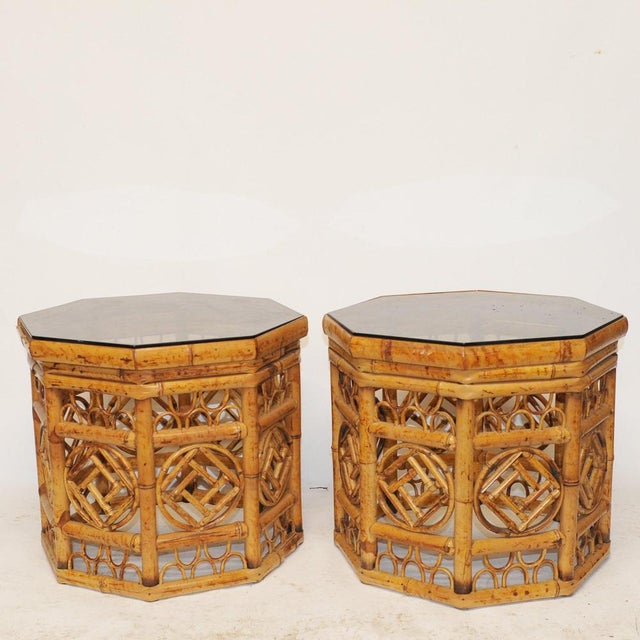Wood Hexagonal Bamboo Side Tables with Smoked Glass Tops, 1970s, Set of 3 For Sale - Image 7 of 11