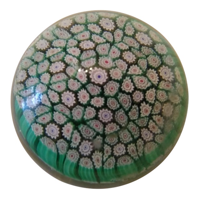 Vintage Millefiori Green Murano Blown Glass Paperweight For Sale