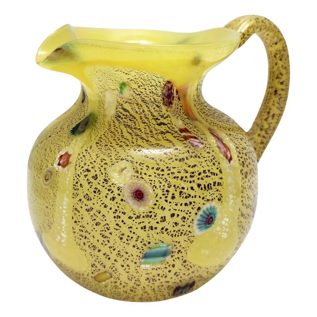 Vintage Yellow Opaline Handblown Glass Jug with Murrines and Silver Flakes, 1980s For Sale