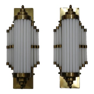 Pair Skyscraper Vintage Art Deco Light Old Lamp Wall Sconces Fixture Brass & Milk Glass Rod Ship Light For Sale