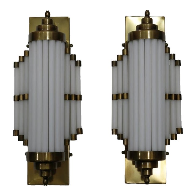 Pair Skyscraper Vintage Art Deco Light Old Lamp Wall Sconces Fixture Brass & Milk Glass Rod Ship Light For Sale