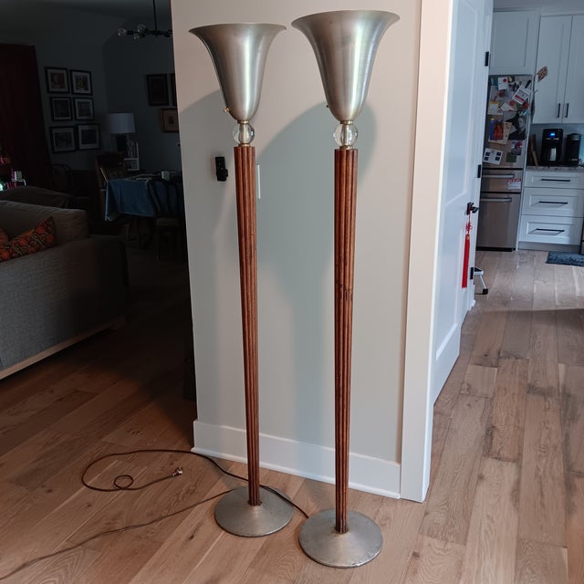 Pair of Art Deco Torchieres, standing floorlamps, ca 1930 with modern wiring. In good condition, with some signs of wear...