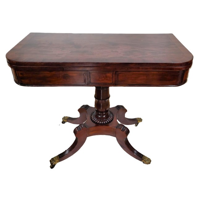 Brown Antique American 19th C Regency Mahogany Flip Top Leather Game Table & Console For Sale - Image 8 of 18