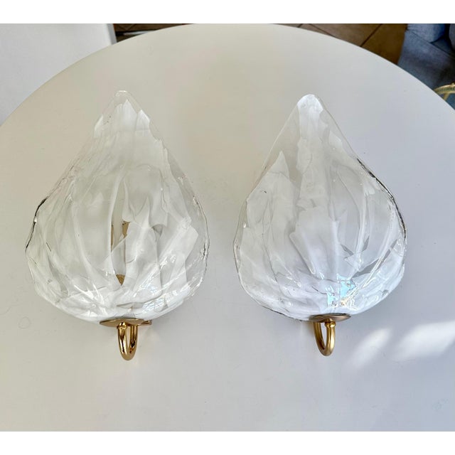 Pair Mazzega Murano White & Clear Glass Leaf Wall Sconces For Sale - Image 4 of 15