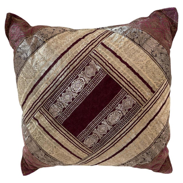 One-of-a-Kind Indian Silk Sari Brocade Throw Pillow with Metallic Zari Embroidery A vibrant decorative accent pillow...