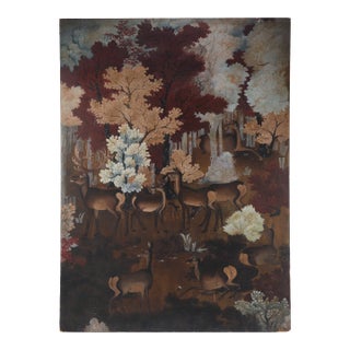 Vintage Woodland Deer Scene Painting on Wood Block Panel For Sale