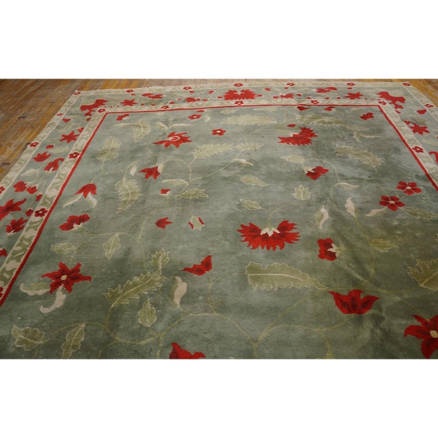 Textile 1930s Green Floral Antique Chinese Art Deco Carpet 9'9"x13'8" Knotted Wool Rug For Sale - Image 7 of 11
