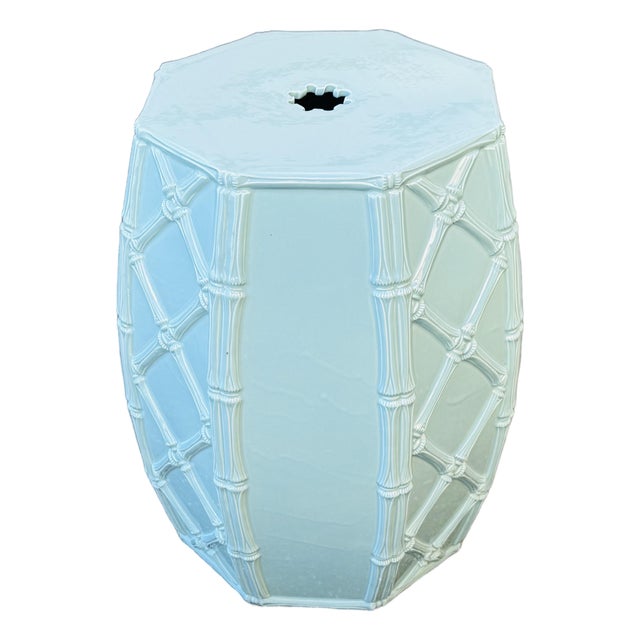 Vintage 1960s Italian Celadon Green Palm Beach Style Ceramic Faux Bamboo Garden Stool For Sale