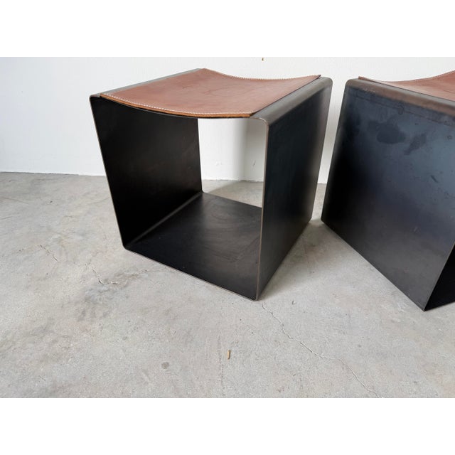 Vintage Postmodern Steel & Saddle Leather Cube Ottomans – A Pair/ Sold For Sale - Image 4 of 12