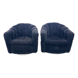 Pair of 1973 Thayer Coggin Black Chenille Swivel Lounge Chairs on White Drum Bases For Sale