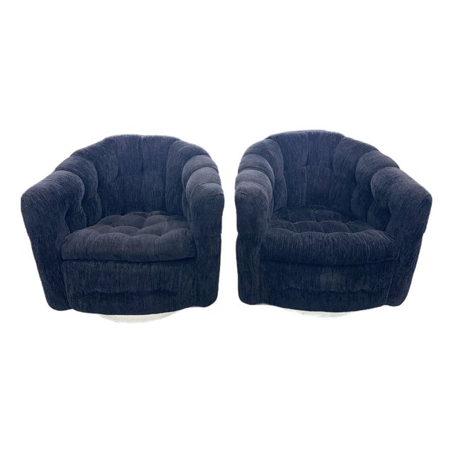 Pair of 1973 Thayer Coggin Black Chenille Swivel Lounge Chairs on White Drum Bases For Sale