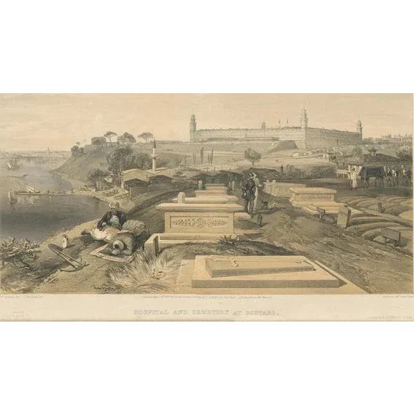 Antique print titled 'Hospital and Cemetery at Scutari'. View of a hospital and cemetery at Scutari, during the Crimean...