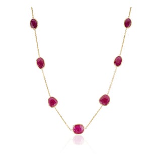 14k Gold 6.95ct Natural Mozambique Ruby Bezel Station Modern Necklace For Sale