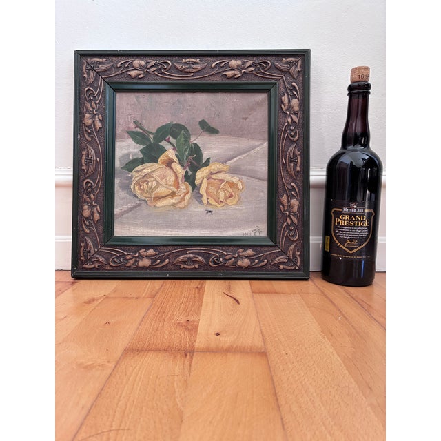 Antique Original Flower Oil Painting, Signed Yellow Roses Still Life Art For Sale - Image 13 of 16