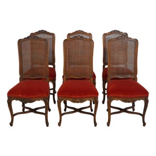 Set of 6 French Louis XV Walnut Cane Back Dining Chairs For Sale