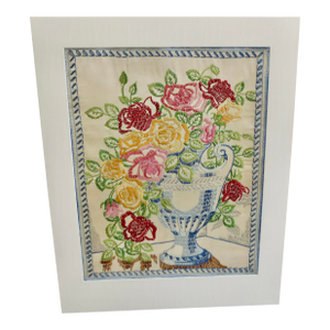 Mid-Century Flower Crewel Needlework Image Framed