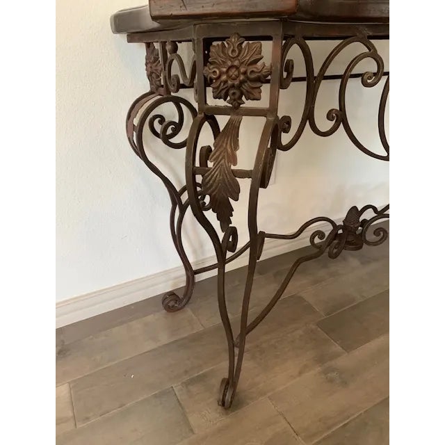 Wood Mediterranean Wrought Iron & Walnut Herringbone Console Table, 57” For Sale - Image 7 of 7