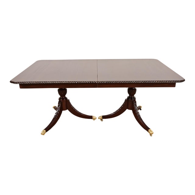 Baker Furniture Style Georgian Mahogany Double Pedestal Extension Dining Table, Newly Refinished For Sale