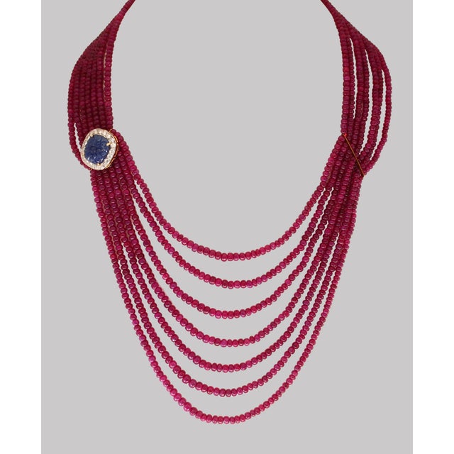 480 Ct 7 Layer Natural Smooth Ruby Bead Necklace 14k Gold Sapphire Diamond Clasp For Sale - Image 16 of 18