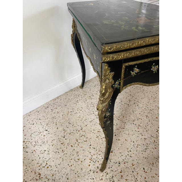 French Mid 19th Century Console Game Table in Black Lacquer and Painted With Small Colored Flowers For Sale - Image 10 of 13