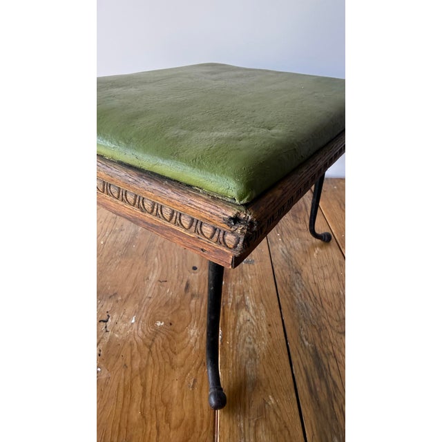 Dark Green 19th Century Antique Cobblers Stool-Carved-Egg and -Dart Trim, Green Leather and Iron Legs. For Sale - Image 8 of 12