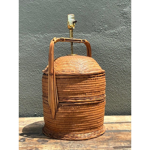 Late 20th Century Vintage Woven Rattan Basket Lamp For Sale - Image 5 of 12