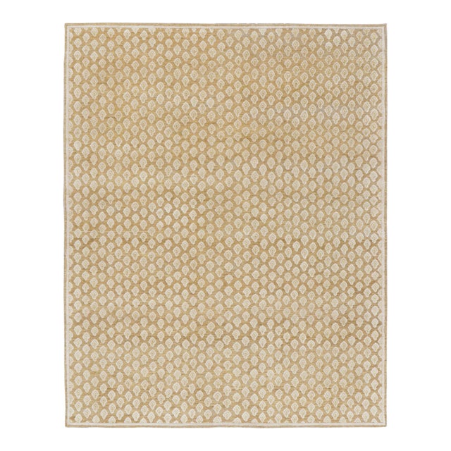 Rug & Kilim’s Oversized Block Print Rug in Gold with Cream Floral Pattern- 13x19 For Sale