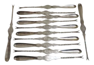 Fine Antique Art Krupp Berndorf Austrian Hand Engraved Silverplate Lobster Picks - Set of 12