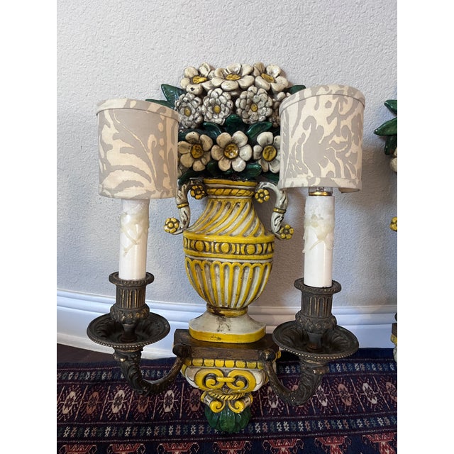 Edward F. Caldwell & Co. 1920s Pair of Antique Edward F. Caldwell & Co. Hand-Painted Floral Bronze and Brass Wall Sconces For Sale - Image 4 of 12