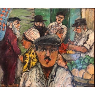 David Azuz, Shopping the Market Shuk Machane Yehuda Israeli Modernist Oil Pastel Painting For Sale