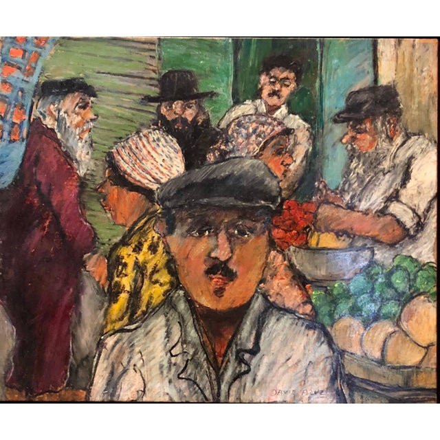 David Azuz, Shopping the Market Shuk Machane Yehuda Israeli Modernist Oil Pastel Painting For Sale