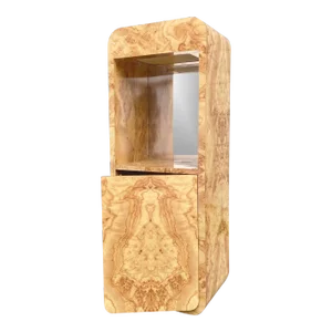 Vintage Burl Laminate Lighted Display Case and Pedestal With Storage