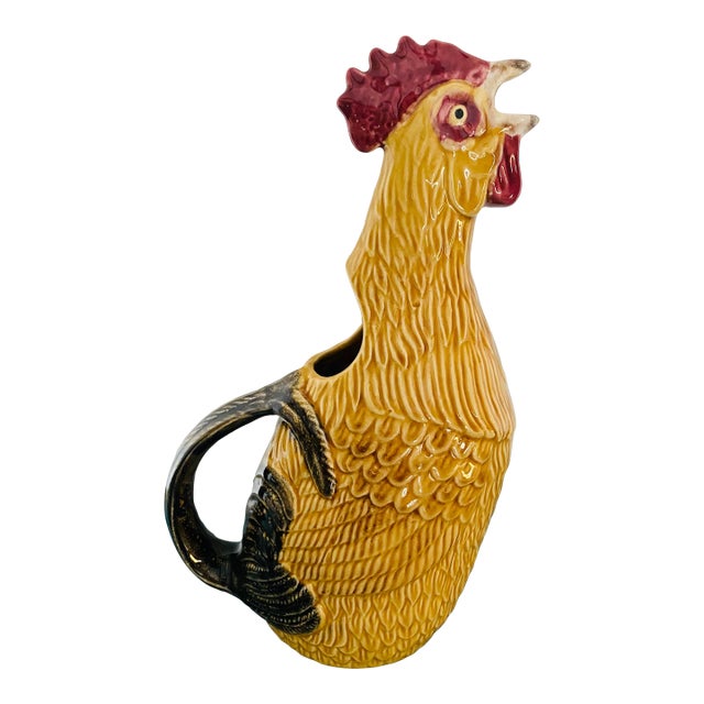 1990s Bordallo Pinheiro Rooster Pitcher in Honey Gold Color For Sale