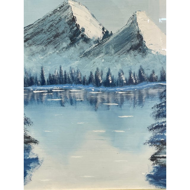 Wood Vintage Framed Snow-Capped Mountain Lake Landscape Painting, Signed, Blue Tonal Scenic Wall Art.. For Sale - Image 7 of 9