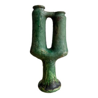 1970s Large and Very Heavy 21" Brutalist Studio Pottery Vase - Green Fat Lava Glaze For Sale
