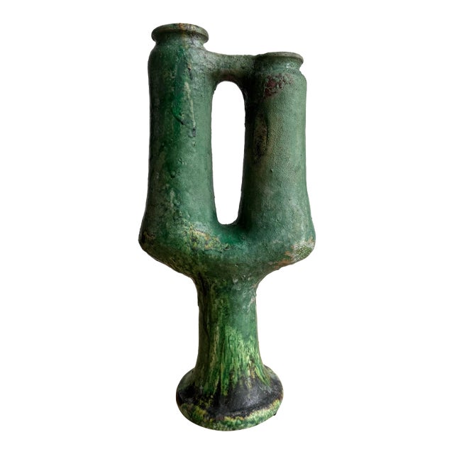 1970s Large and Very Heavy 21" Brutalist Studio Pottery Vase - Green Fat Lava Glaze For Sale