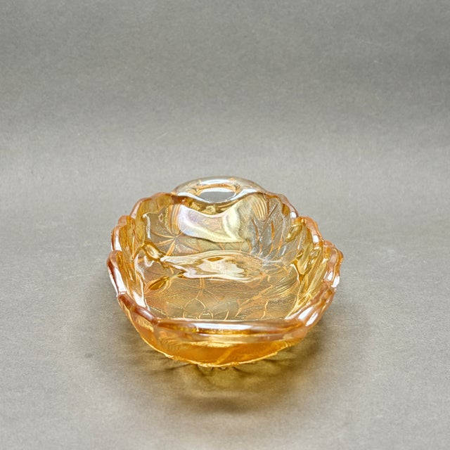 This stunning vintage marigold carnival glass dish by Indiana Glass is featured in their highly collectible Lily Pons...