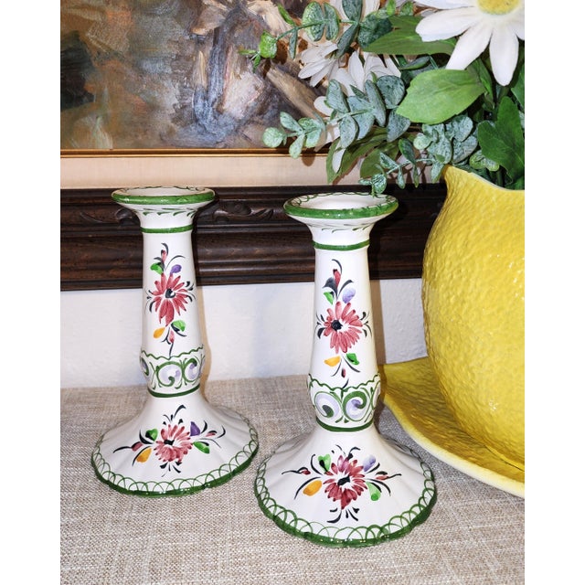 White Vintage Portugal Floral Ceramic Candle Holders - A Pair For Sale - Image 8 of 8