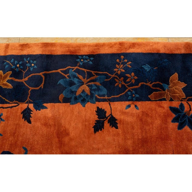 Orange 1920s Antique Orange Vase Floral Buterfly Chinese Handknotted Art Deco Wool Rug For Sale - Image 8 of 9
