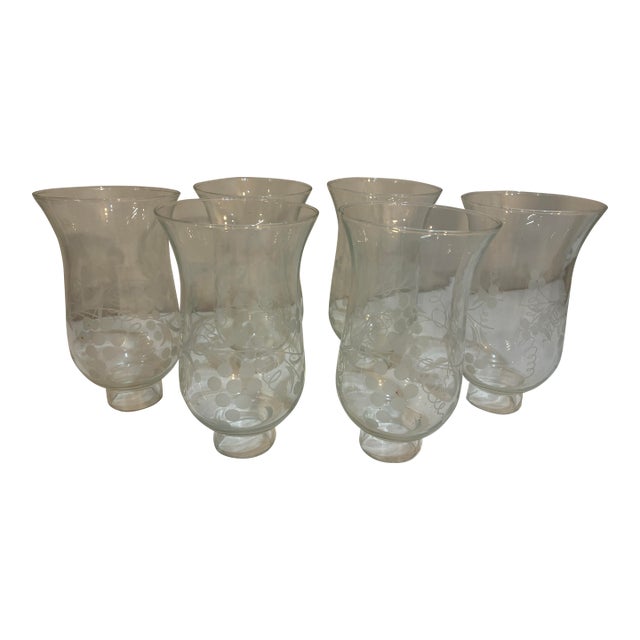 Vintage Etched Grape & Vine Glass Hurricane Shades, Set of 6 For Sale